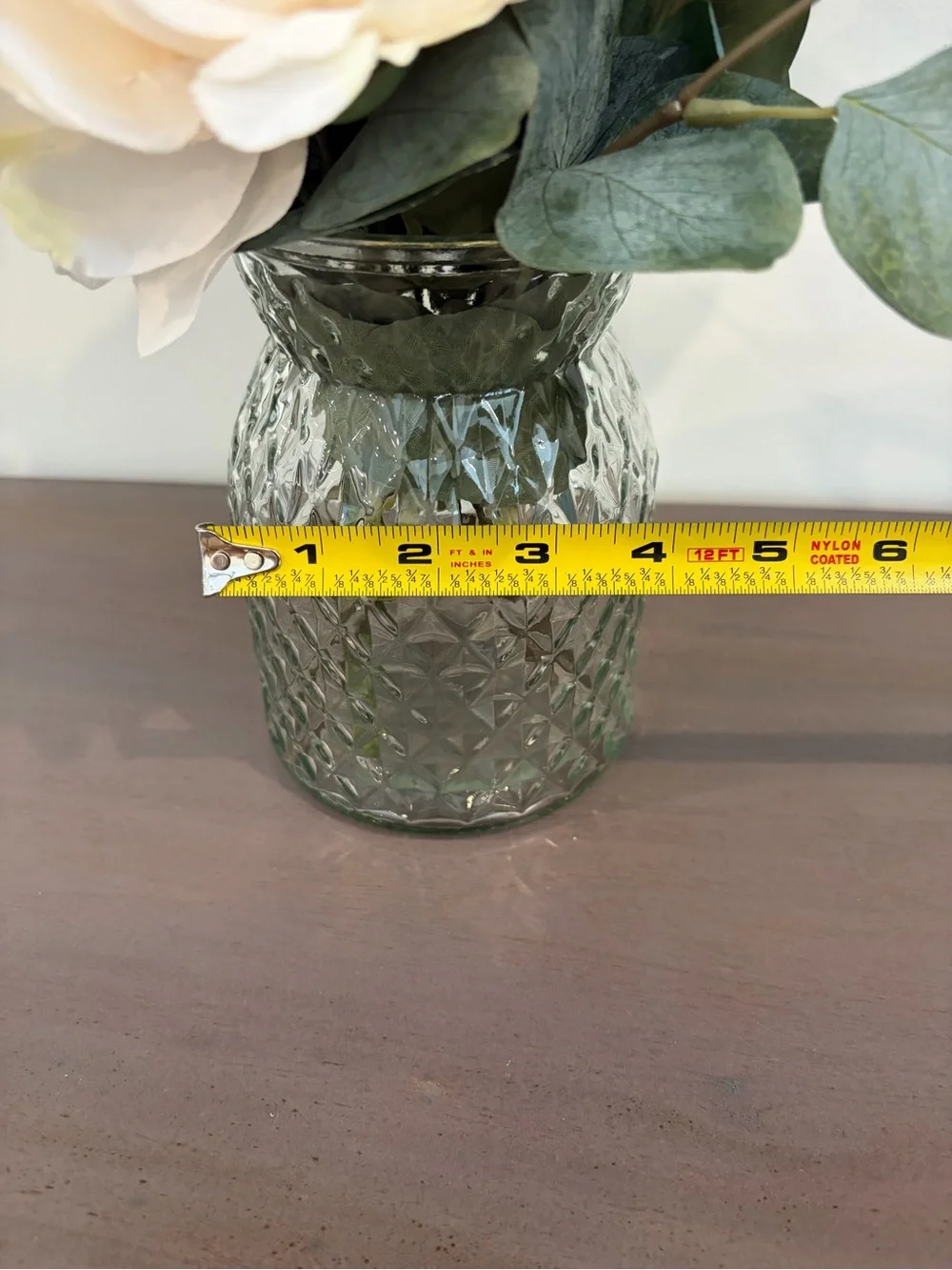 Vintage diamond glass vase with cream Peony and Green Eucalyptus floral mix